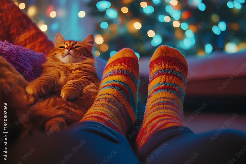 Soft light, warm socks, purring cat, plush sofa