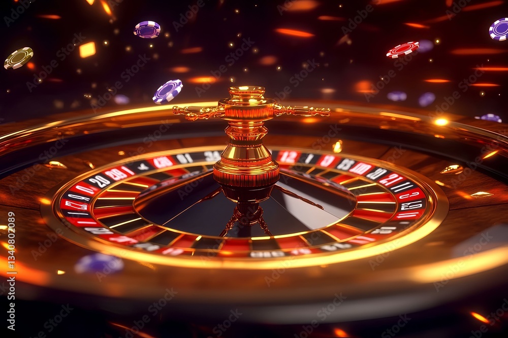 An attention-grabbing scene featuring a roulette wheel with casino chips in front of it. Emphasize dark gold and red colors, highlighting details like cards or dice. The atmosphere should convey excit