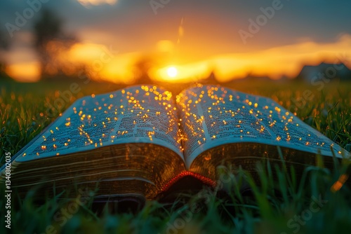 Obraz na płótnie A cross-shaped Bible is open on the grass, with green wheat fields and a sunset in the background w salonie