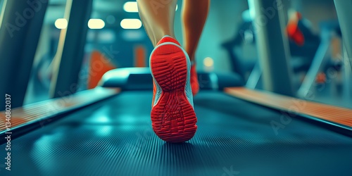 Obraz na płótnie Close-up of a woman's legs in running shoes on a treadmill, with a close-up view from bottom to top and a blurred background. w salonie