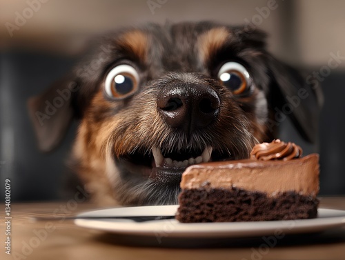 Obraz na płótnie happy and excited looking dog with big eyes, looking at a slice of chocolate cake infront of his nose w salonie