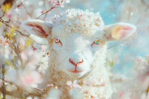 Spring blossoms bloom around a charming, lamb, a delightful Easter 