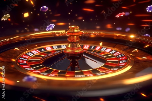 An attention-grabbing scene featuring a roulette wheel with casino chips in front of it. Emphasize dark gold and red colors, highlighting details like cards or dice. The atmosphere should convey excit