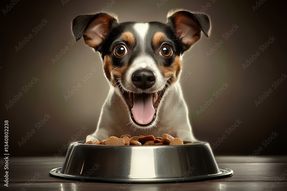 dog looking excited food bowl