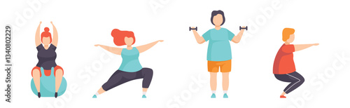 Obese People in Gym Do Sport and Fitness Exercise Vector Set