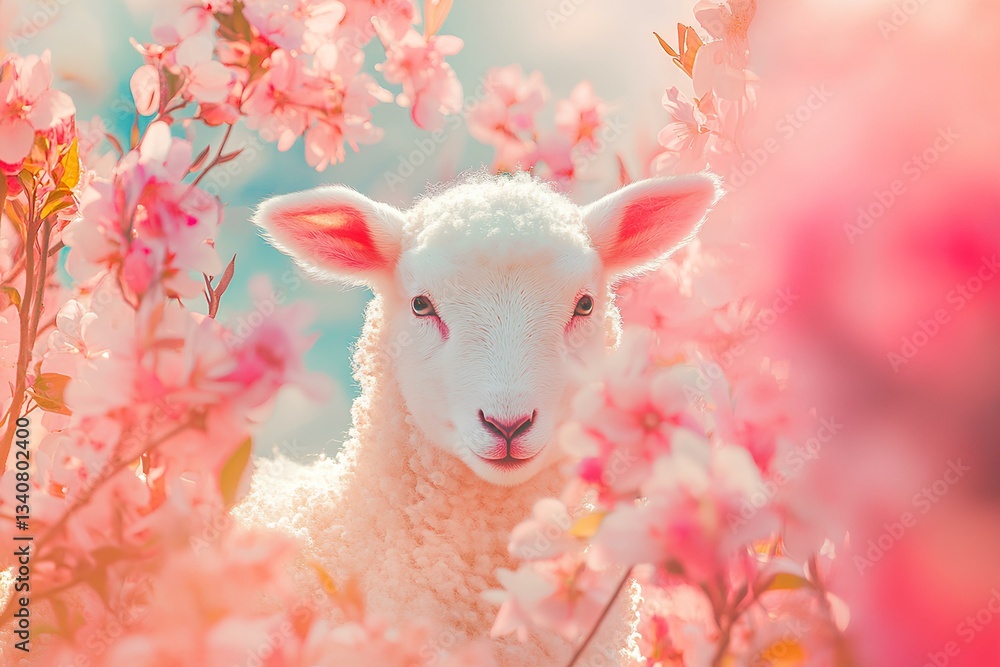 Spring blossoms bloom around a charming, lamb, a delightful Easter