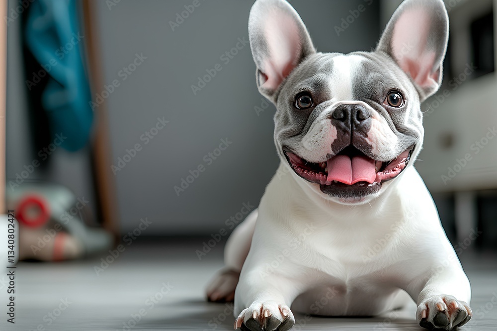 french bulldog, sitting on the floor, looking at the camera, dog is happy.