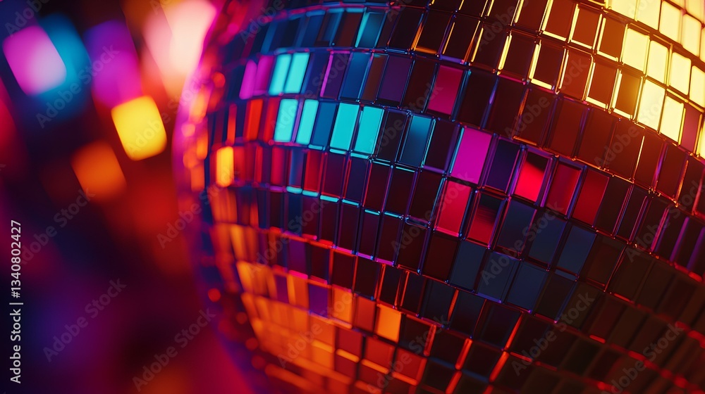 close up of disco ball panels, reflecting different colours of light.