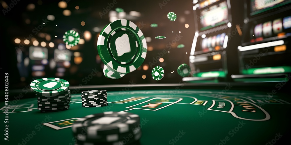 luxurious casino environment , green and white poker chips scattered around, green slot machine, dark background