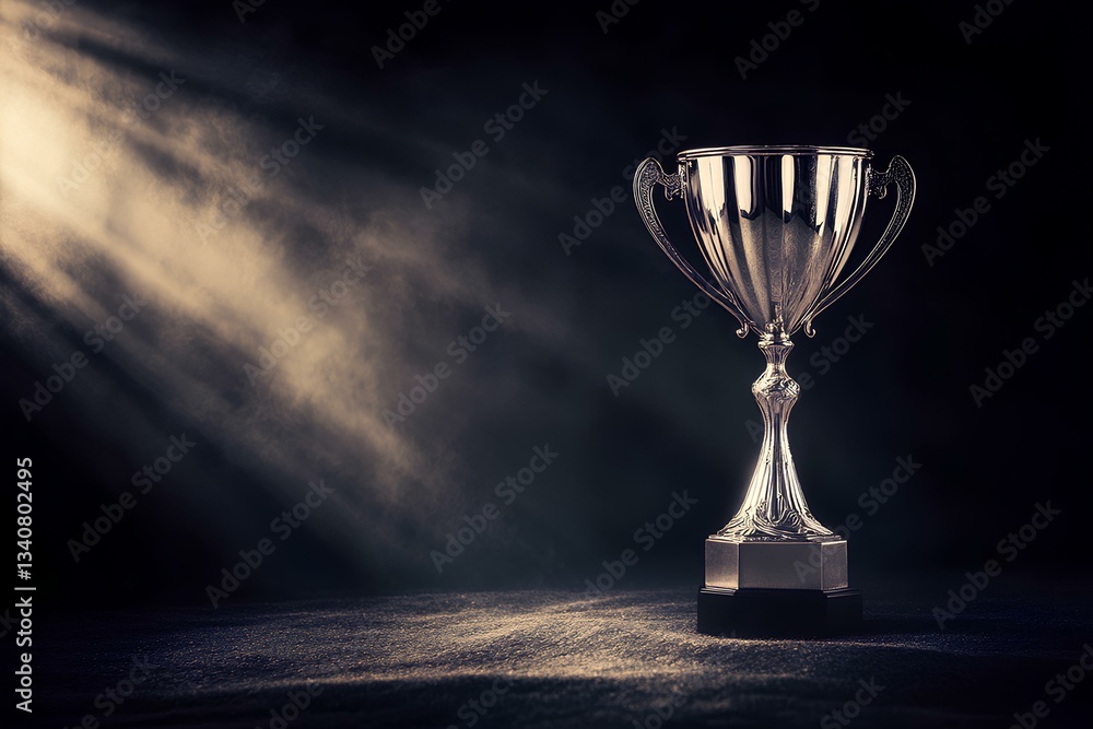 shiny silver trophy, bathed in spotlight, marks second place in the night