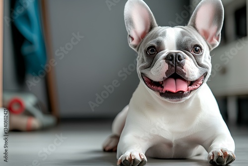 Obraz na płótnie french bulldog, sitting on the floor, looking at the camera, dog is happy. w salonie