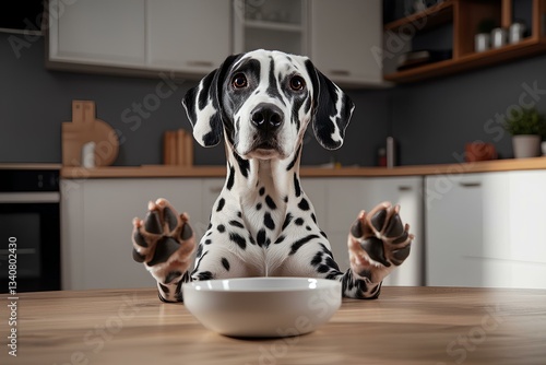wooden kitchen table in modern light kitchen, happy dalmation dog on floor standing on hind legs, looking interested at the table, paws on the table 