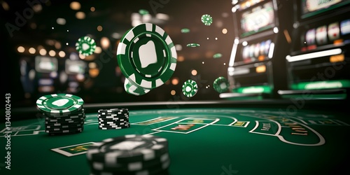 Obraz na płótnie luxurious casino environment , green and white poker chips scattered around, green slot machine, dark background w salonie