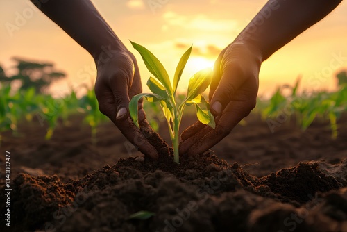 Obraz na płótnie farmer hands hold young maize plant, halfway out of soil earth, roots exposed, beautiful maize field, sunset w salonie