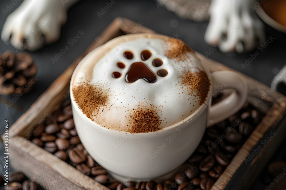cup with cappucino with paw shaped sprinkle on top