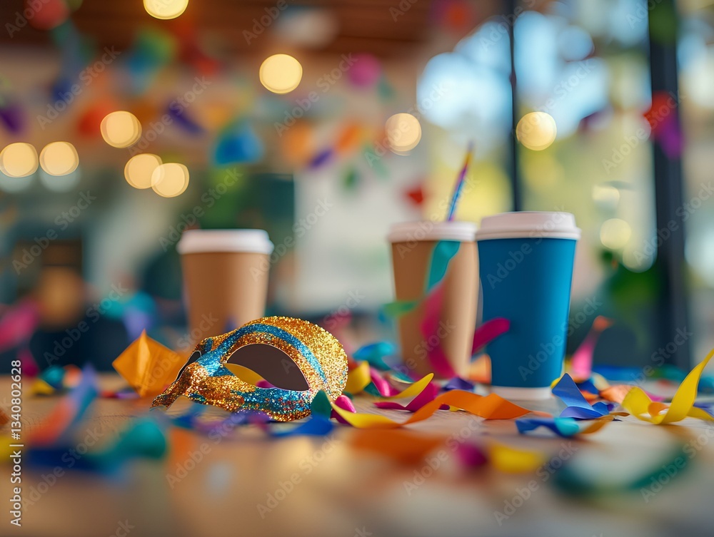 table with carnival mask lying on the table, colourful streamers and paper coffee cups