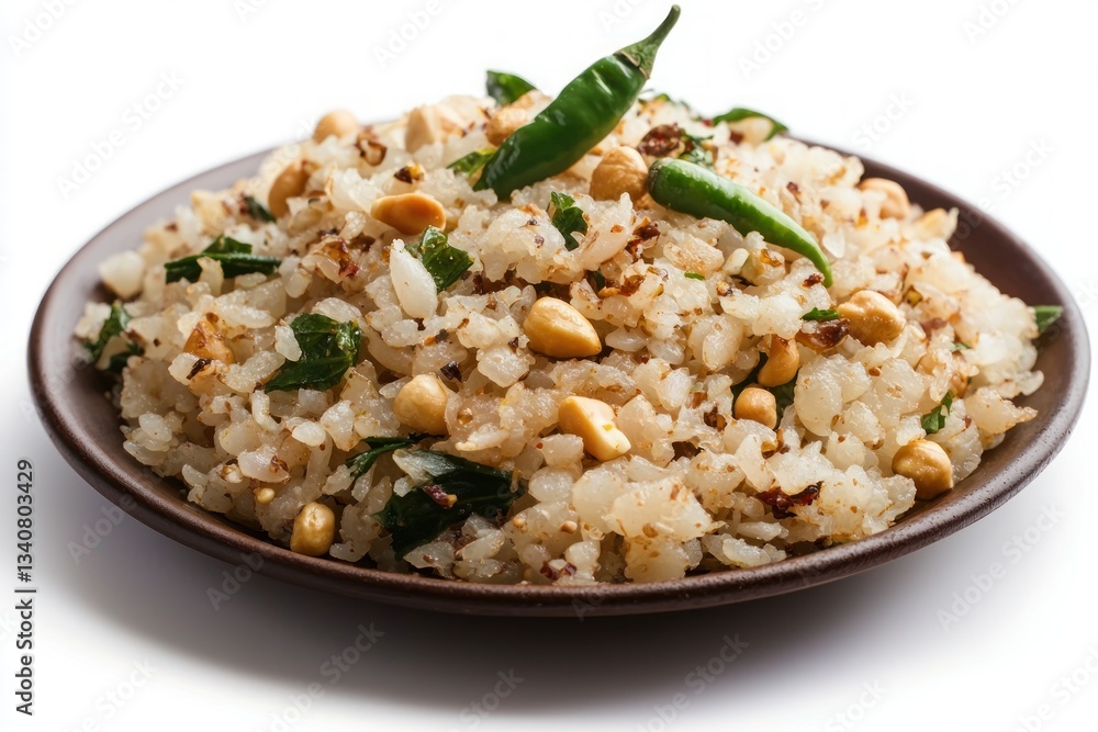 Delicious indian poha dish a flattened rice recipe served with green chilli cashew nuts curry leaves Delicious indian poha dish a flattened rice recipe served with green chilli cashew nuts curry leaves