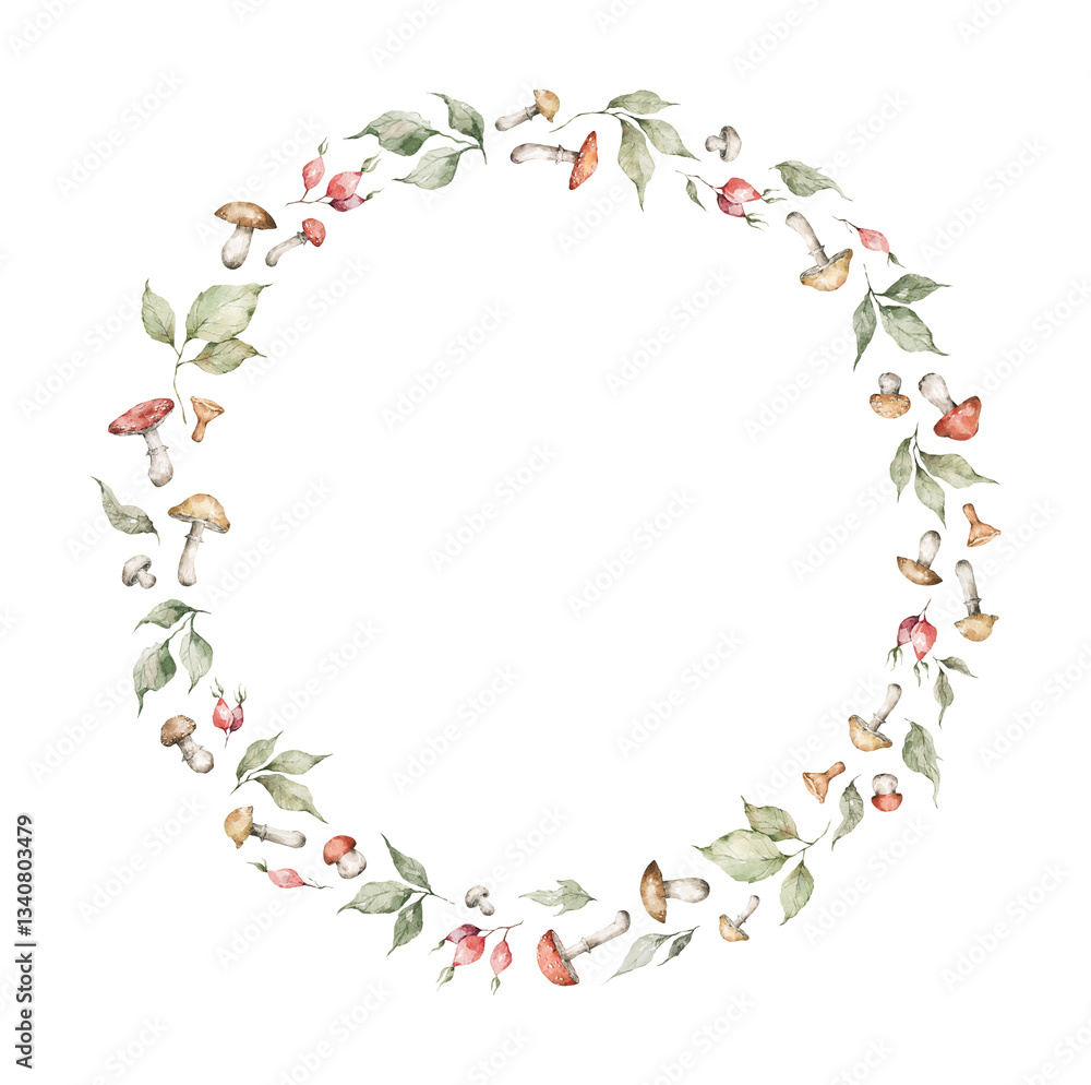 Watercolor wreath with mushrooms and leaves. Hand painted frame with wild autumn plants. Botanical illustration for design, print, fabric or background. Watercolor wreath with mushrooms and leaves. Hand painted frame with wild autumn plants. Botanical illustration for design, print, fabric or background.