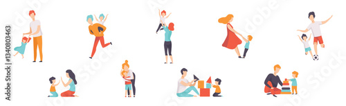 Man and Woman Parent Playing with Kids Vector Set