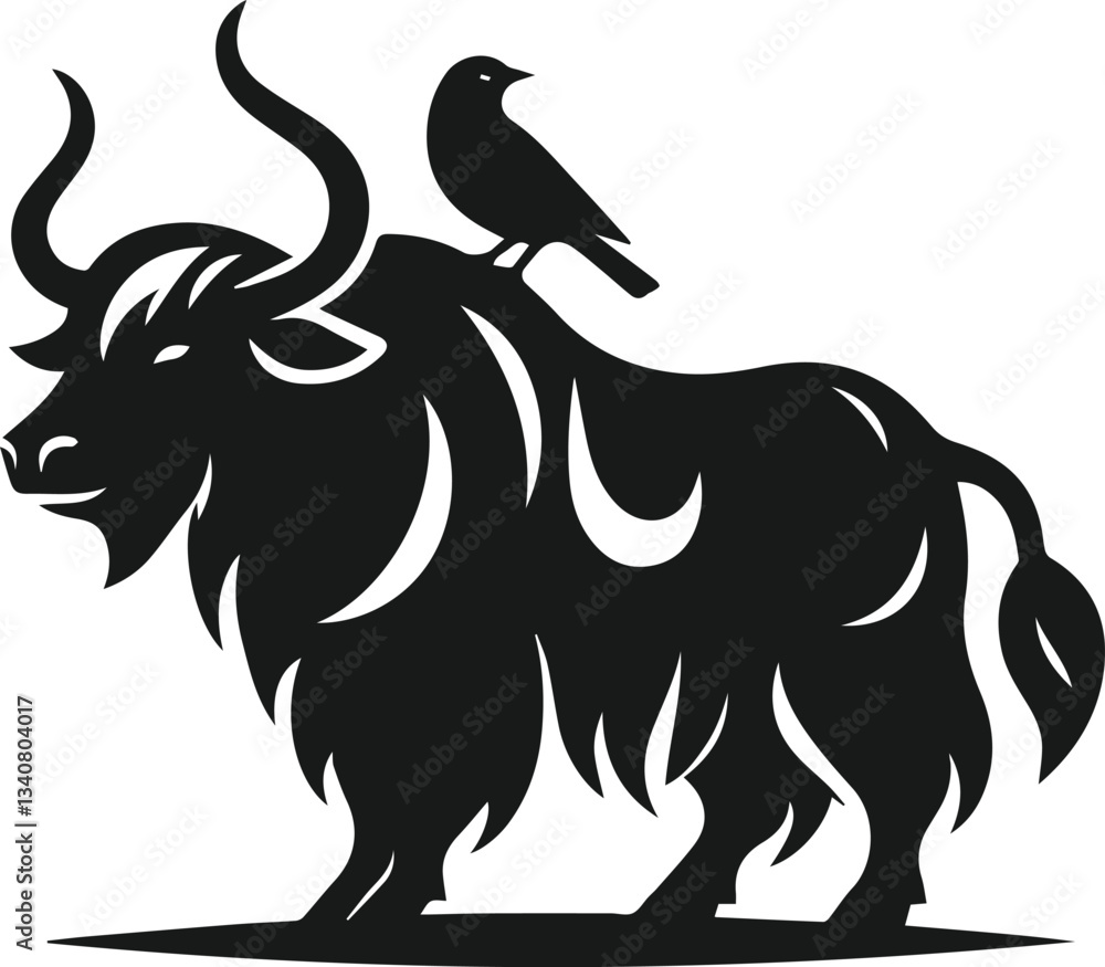 Obraz premium Yak standing with a bird perched on its back animal vector silhouette
