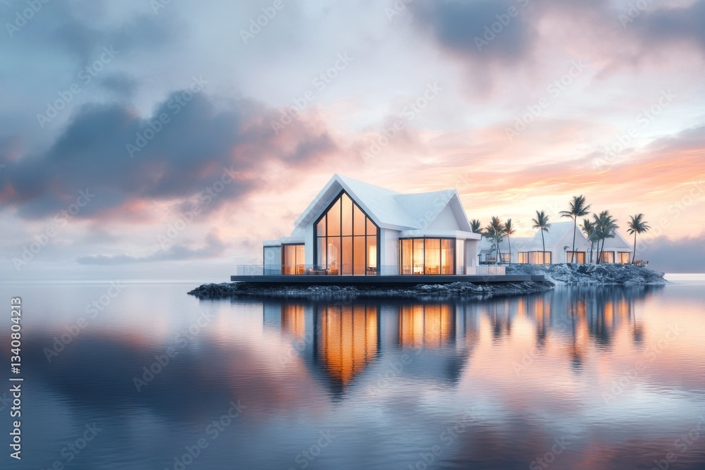 Fototapeta premium A dreamy watercolor depiction of a seaside property with large windows overlooking the ocean, surrounded by palm trees and glowing with sunset colors