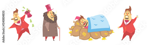 Fat Rich Millionaire Man in Red Suit Vector Set