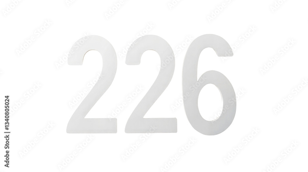 Cut-out numbers 226 presented in white. Ideal for decor or signage in any location, perfect for homes, offices, or event settings. Versatile and stylish design fits various aesthetics Cut-out numbers 226 presented in white. Ideal for decor or signage in any location, perfect for homes, offices, or event settings. Versatile and stylish design fits various aesthetics