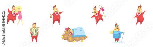 Fat Rich Millionaire Man in Red Suit Vector Set