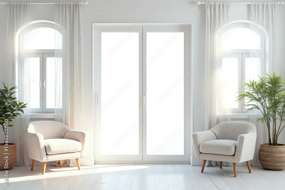 Fototapeta premium White wall with modern window and curtains indoors. Living room interior