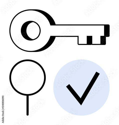 Key represents access and security, magnifying glass symbolizes search and discovery, and checkmark confirms validation. Ideal for verification, data access, analysis, approval, cybersecurity