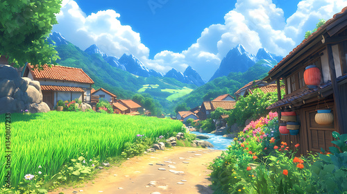 Anime countryside village, peaceful scenery.