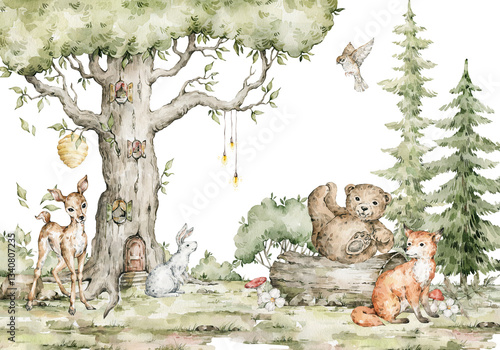 Watercolor composition with forest animals and natural elements. Deer, fox, bear, green trees, pine, fir, flowers. Woodland fairy creatures in the wild. Illustration for nursery, wallpaper