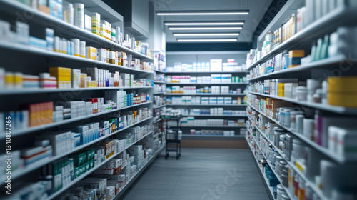 Wallpaper Mural Wide view of a pharmacy aisle filled with various medicine packs and health products during the daytime Torontodigital.ca
