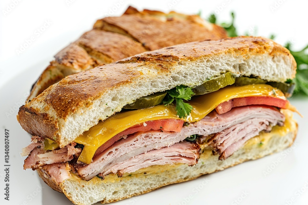 Delicious Cubano Sandwich with Layers of Roasted Pork Ham Cheese Pickle and Tomato on White Plate Delicious Cubano Sandwich with Layers of Roasted Pork Ham Cheese Pickle and Tomato on White Plate