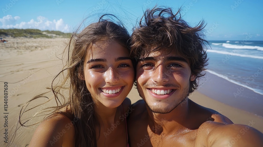 Fototapeta premium Young Couple Taking a Romantic Selfie at the Beach Under the Sun