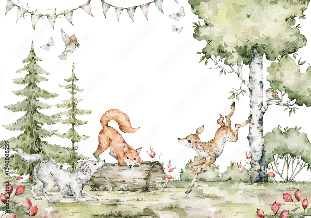Fototapeta premium Watercolor composition with forest animals and natural elements. Deer, fox, wolf, green trees, pine, fir, berries. Woodland fairy creatures in the wild. Illustration for nursery, wallpaper