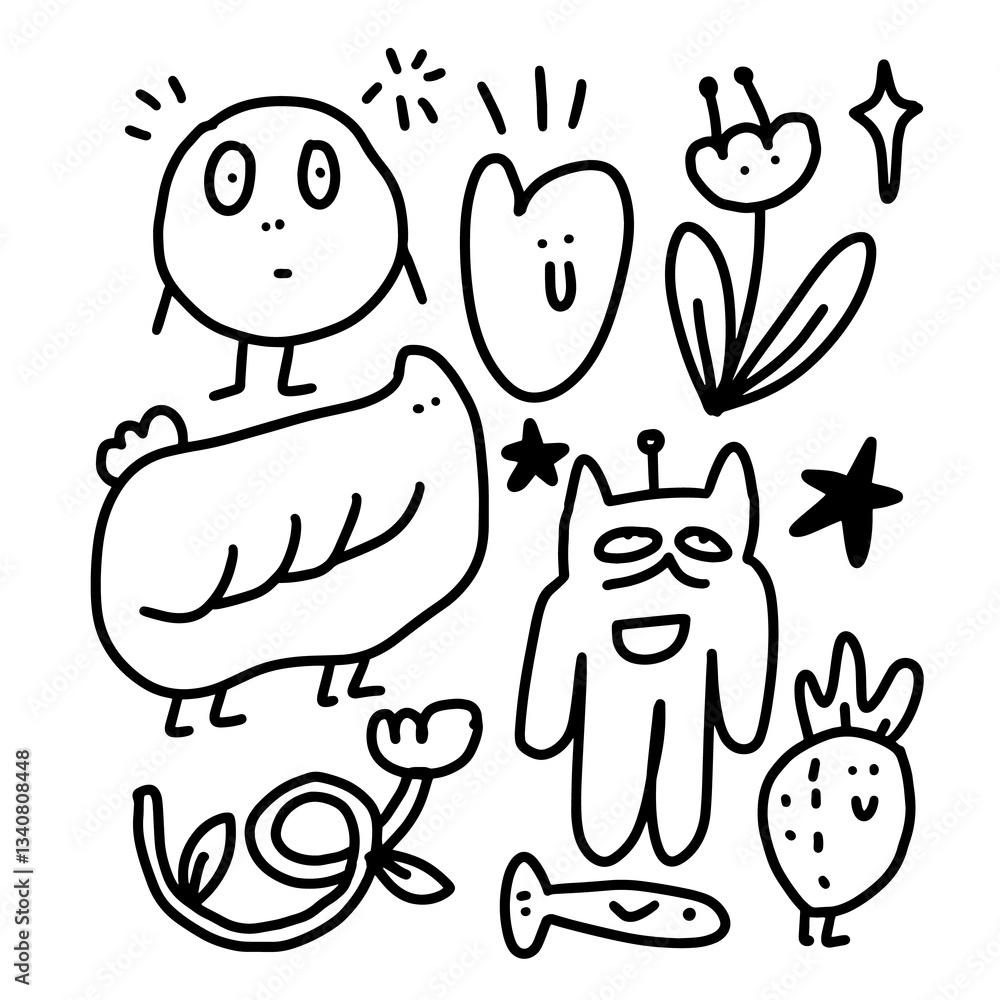 outline of cute doodles for templates. outline of cute doodles for templates.