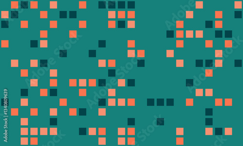 Abstract teal background with scattered coral and dark teal squares.  Perfect for tech, data, modern design, and website backgrounds. Evokes concepts of connectivity, randomness, and digital flow.