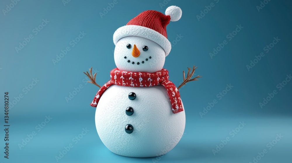 Cheerful Snowman with Red Hat and Scarf on Blue Background Cheerful Snowman with Red Hat and Scarf on Blue Background