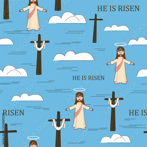 He is risen Easter seamless pattern, cross sky, cloud