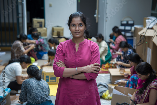 an indian woman confidently standing with arms crossed, surrounded by a group of other women who appear to be working on a project.