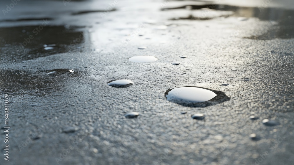 Close up shot showcasing water puddles on a surface