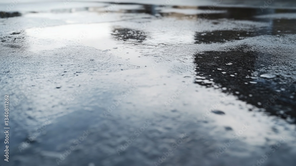 Close up shot of wet pavement with puddles reflecting light
