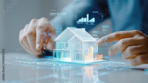 Digital house model virtual reality real estate technology data analysis modern design innovation architecture investment property management futuristic 3D visualization smart home analytics
