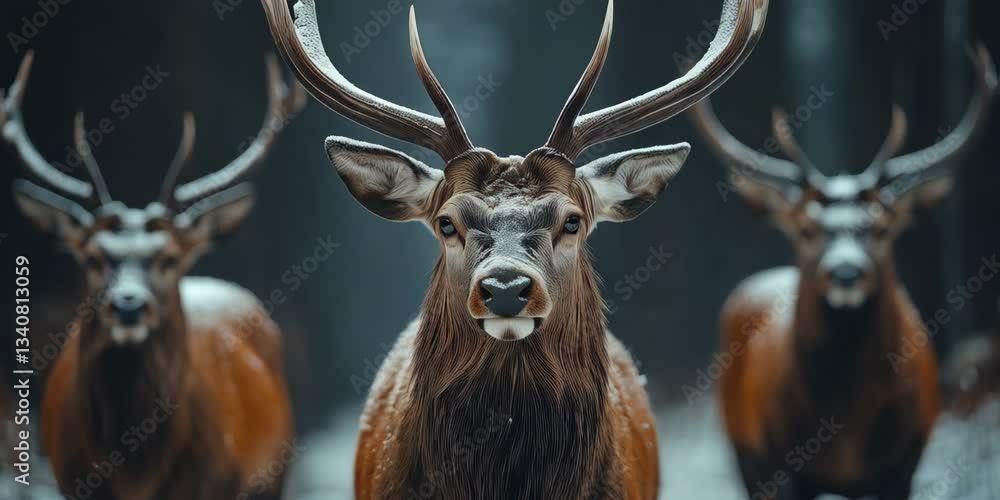Majestic deer roam through the snow-covered forest in winter, showcasing their impressive antlers and beauty Majestic deer roam through the snow-covered forest in winter, showcasing their impressive antlers and beauty