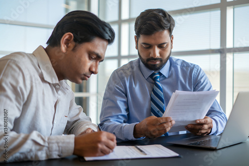 Two men diligently working, analyzing documents with a laptop on the table