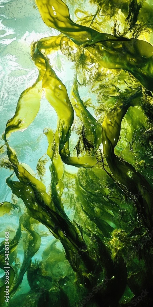 Obraz premium Giant Kelp Underwater. Close Up of Giant Kelp Bladders in Sea, Marine Algae, Ocean Life