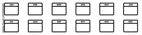 Blank Calendar Layout. Months of the Year. Outline style. Simple block shape for text entry. Twelve month calendar diagram.