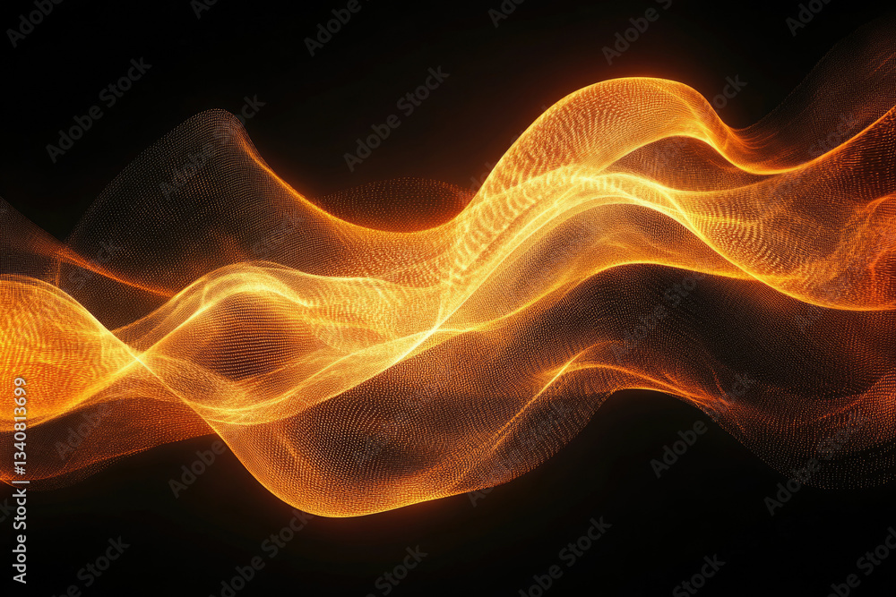 Fototapeta premium Abstract golden wave of particles, flowing smoothly in dark background. Dynamic, elegant and luxurious digital art.
