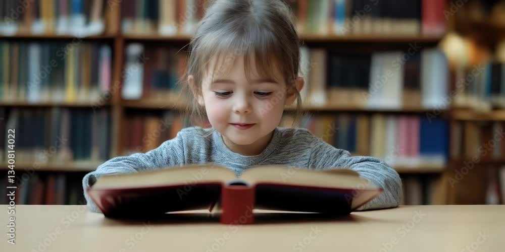 Young girl enjoys reading a book in a cozy library setting while smiling brightly with excitement and joy Young girl enjoys reading a book in a cozy library setting while smiling brightly with excitement and joy